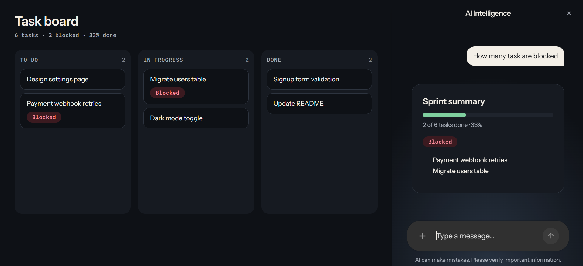 A task board next to an AI panel that lists blocked tasks and a sprint summary.